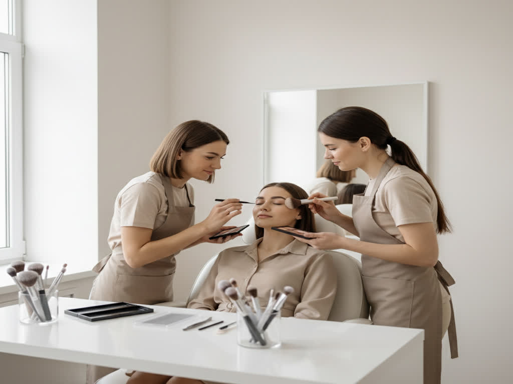 Profesionales coordinando cejas, extensiones de pestañas y maquillaje