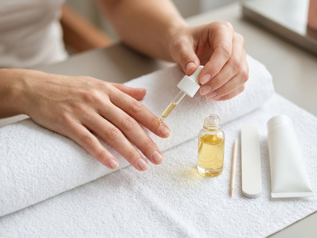 Manos aplicando aceite de cutículas durante rutina exprés de 5 minutos para fortalecer e hidratar uñas.
