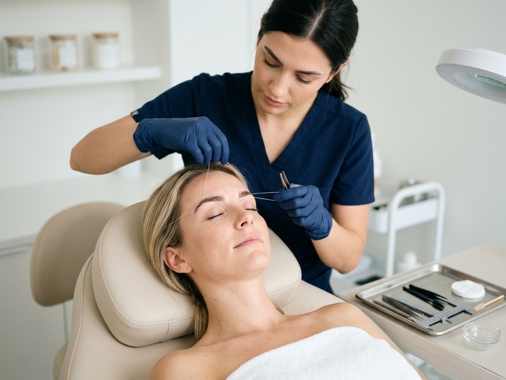 Profesional realizando diseño de cejas con mapeo y visagismo, aplicando depilación precisa y protocolos de bioseguridad.