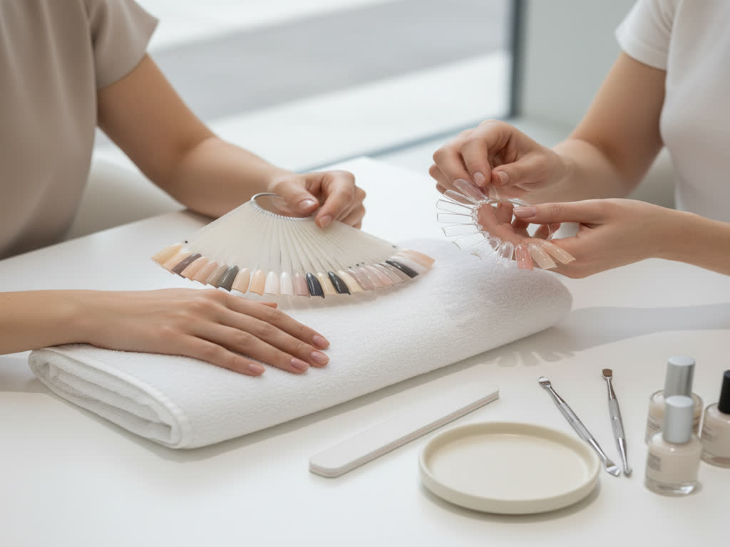 Clienta explicando hábitos y estilo a manicurista para definir forma, largo y acabado de uñas duraderas sin retoques.