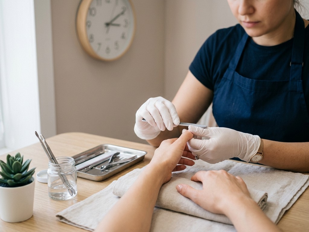 Técnica de manicura con herramientas esterilizadas y guantes, mostrando bioseguridad
