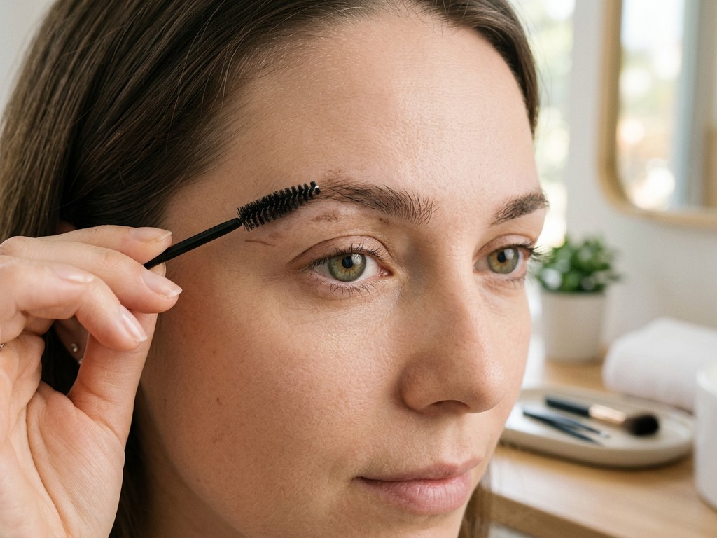 Mujer peinando sus cejas con spoolie para definir sin sobrecargar